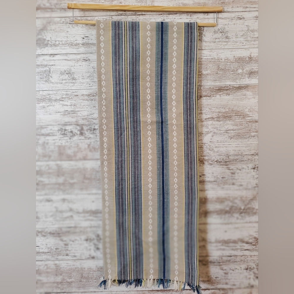 Primitive Artisan Hand Woven Table Runner Blue Tan Striped Fringe Farmhouse NWOT - Picture 5 of 6